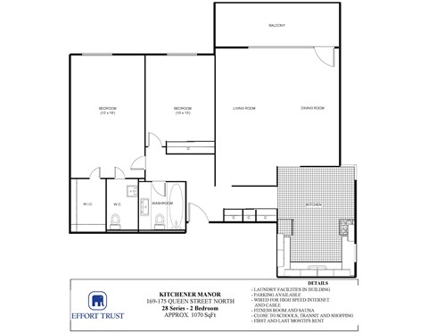 Floor plan for 2 beds, 1 bath, 900 sqft